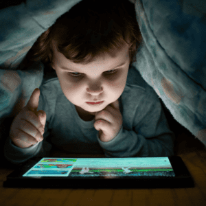 toddler using a tablet under duvet cover emitting blue light